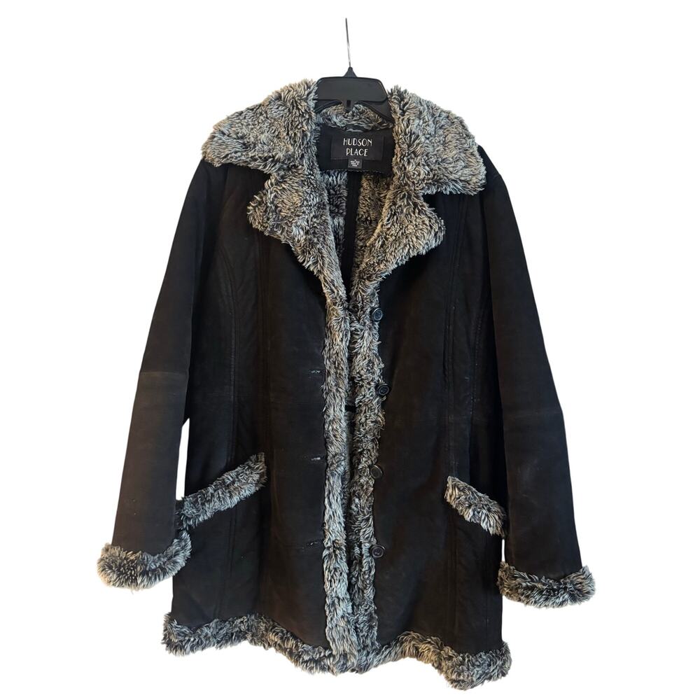 Vintage Hudson Place Genuine Leather Suede Coat Faux Fir Trim Y2K Size M Black